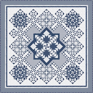 May include: A blue and white quilt with a geometric pattern. The quilt is made up of squares and triangles, and it has a central starburst design.