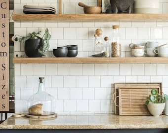 Wood Floating Shelf Made Of Oak. Handcrafted Solid Wood Kitchen Wall Decor and Dining Room Shelf.