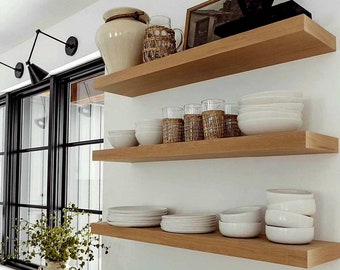 Oak Floating Shelves - custom sizes. Hanging Wood wall shelves for living room, Kitchen, bedroom, bathroom decor.