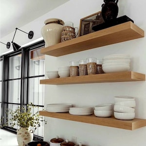 Oak Floating Shelves - custom sizes. Hanging Wood wall shelves for living room, Kitchen, bedroom, bathroom decor.