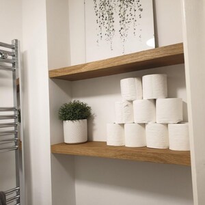 May include: A bathroom scene featuring two wooden shelves. The top shelf holds a framed artwork with a green plant design. The bottom shelf displays a stack of white toilet paper rolls and a small potted plant in a white textured pot.