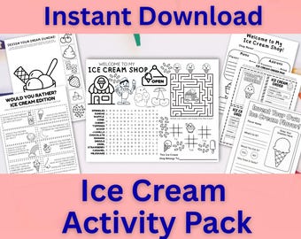 Pacchetto di attività sul gelato per bambini / Giochi per feste di compleanno stampabili e pagine da colorare