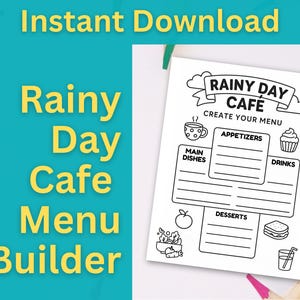 May include: Printable black and white menu template for a rainy day cafe. The template includes sections for starters, main courses, desserts, and drinks. The text "Rainy Day Cafe" is at the top of the page.