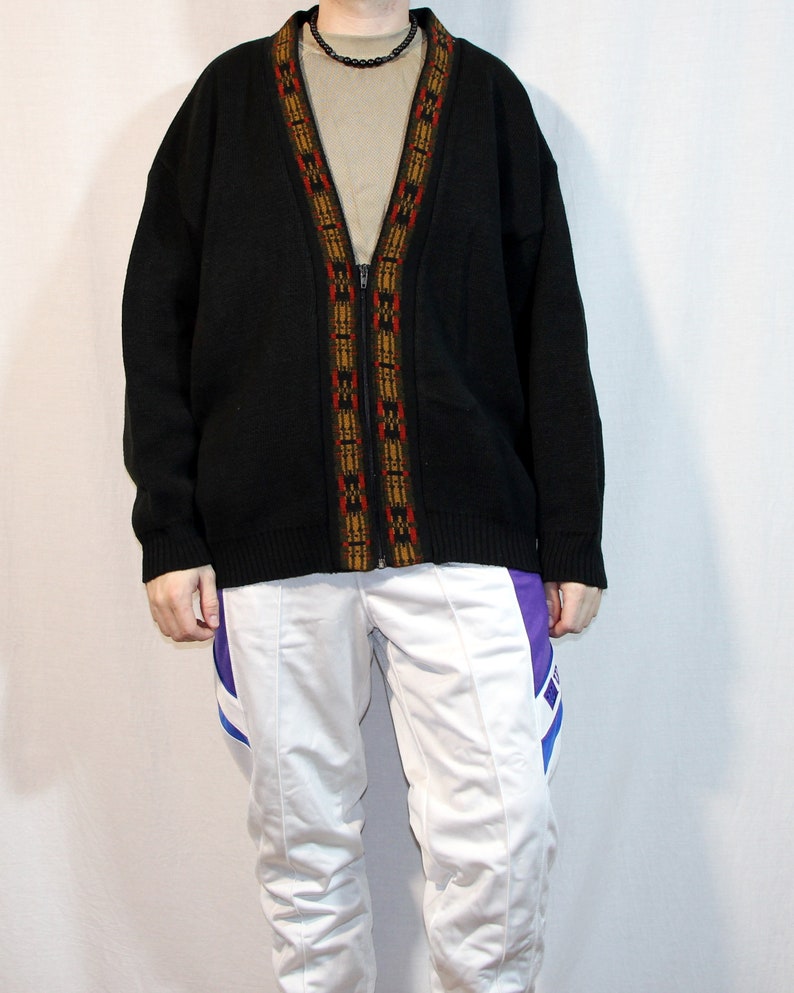 90s streetwear casual sweater size extra large XL retro V neck black boho mens pullover oversize Vintage mens sweater retro half zip