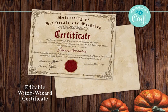 Vintage Editable Witch/Wizard Certificate, Personalized Template, Certificate, Halloween, Printable, Instant Download, Corjl