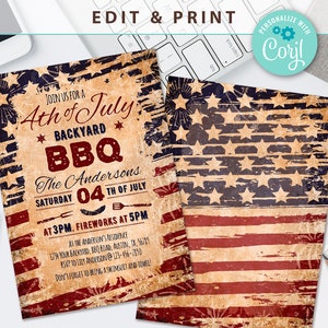 Invitación para barbacoa en el jardín el 4 de julio, invitación para el Día de la Independencia, invitación imprimible para parrillada del 4 de julio, plantilla editable, descarga instantánea, Corjl