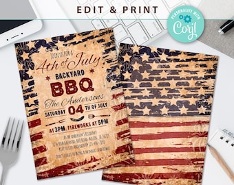 July 4th Backyard BBQ Invitation, Independence Day Invite, Printable July 4 Grill Invitation, Editable Template, Instant Download, Corjl
