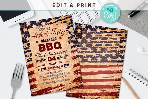 July 4th Backyard BBQ Invitation, Independence Day Invite, Printable July 4 Grill Invitation, Editable Template, Instant Download, Corjl