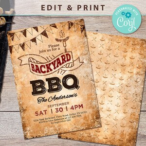 Backyard BBQ Invitation, Barbeque Party Invitation, Printable Grill Party Invite, Editable Party Template, Instant Download, Corjl