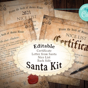 Vintage Editable Santa Kit, Modello personalizzato, Certificato, Bella Lista, Lettera da Babbo Natale, Stampabile, Download Istantaneo, Corjl