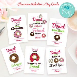 Donut Valentine&#39;s Day Card Templates, Valentine’s Day Cards for Kids Classroom, Editable Valentines, DIY Card, Personalized Template