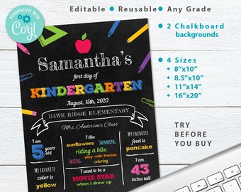 First Day of School Sign Template, Editable & Reusable, Back to School Chalkboard Poster, Any Grade, Printable, Instant Download, Corjl