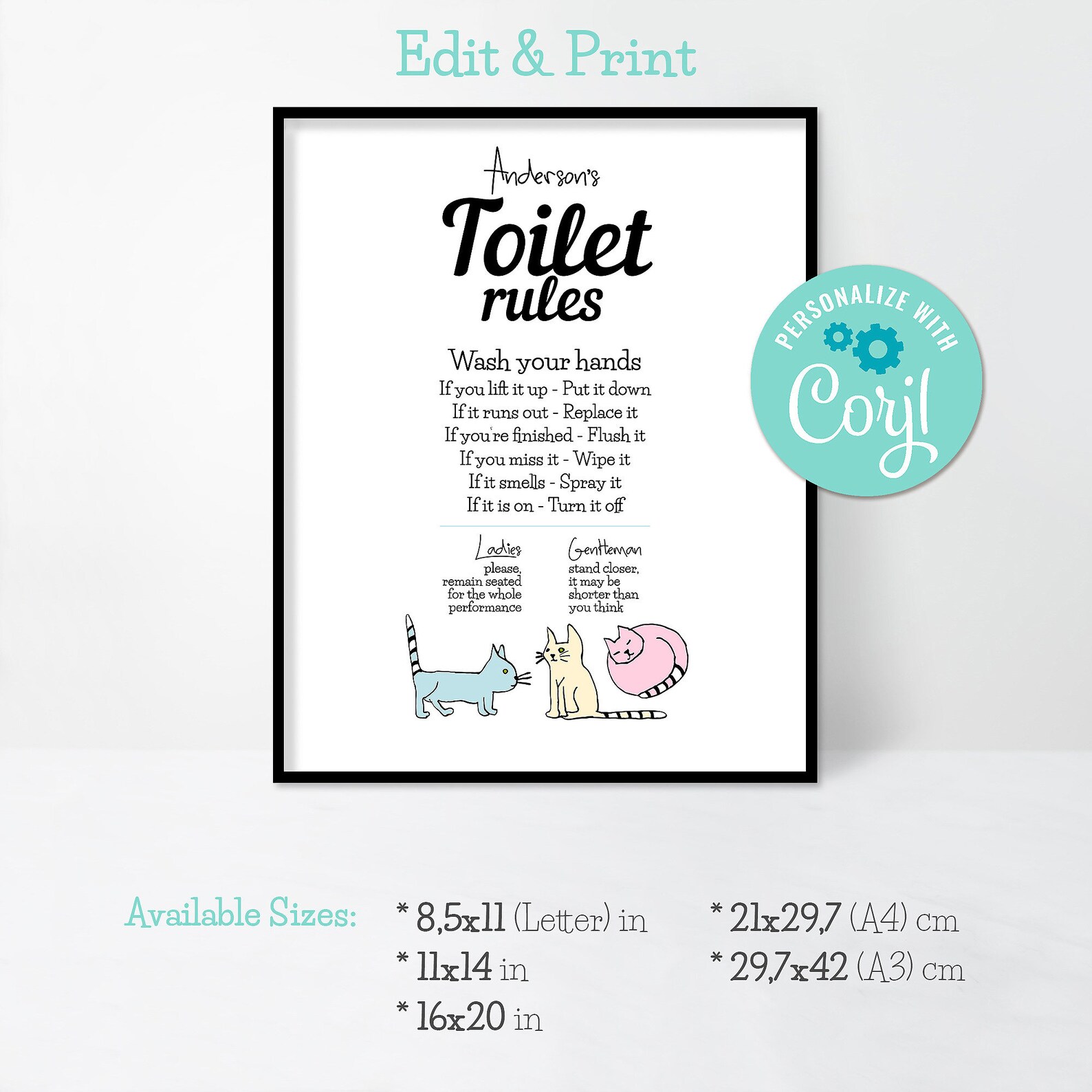 Toilet Rules Editable Wall Art Edit Yourself With Corjl Etsy Canada
