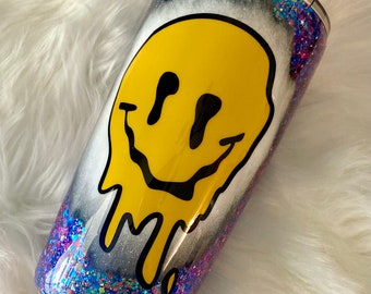 Smile Face Glitter Tumbler, Trippy Coffee Tumbler, Emoji Cup, Colorshift Glitter Tumbler, Custom Tumbler, Personalized Water Bottle