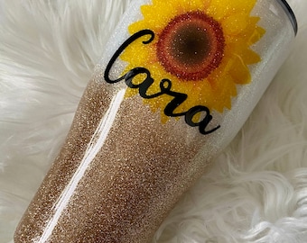 White and Gold Glitter Ombre Tumbler, Sunflower Tumbler, Custom Tumbler, Custom Coffee Cup, Custom Water Bottle, Personalized Glitter Cup