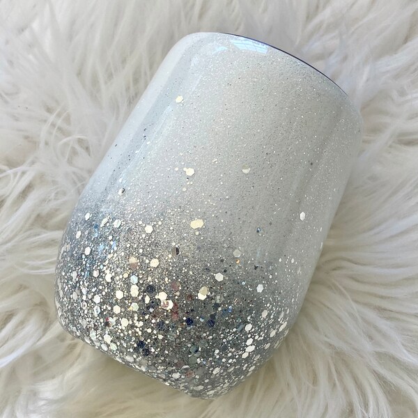 White and Silver Glitter Wine Cup, Silver Glitter Cup, Custom Wine Tumbler, Personalized Coffee Cup