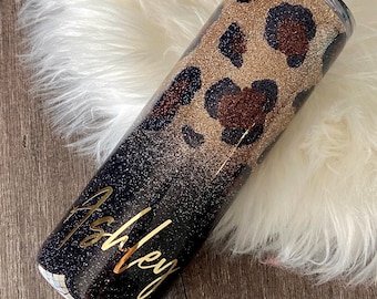 Leopard Print Glitter Tumbler, Animal Print, Coffee Tumbler, Glitter Tumbler, Glitter Water Bottle, Custom Water Bottle