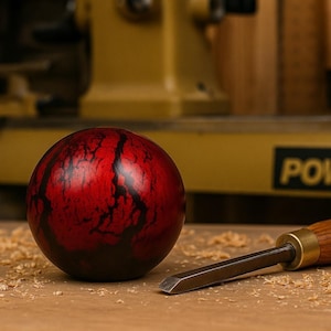 Puede incluir: Un objeto esférico con un acabado liso y pulido que presenta un color rojo vibrante con patrones negros oscuros y ramificados que recuerdan a rayos o grietas. Junto a la esfera se encuentra un formón de metal con mango de madera.