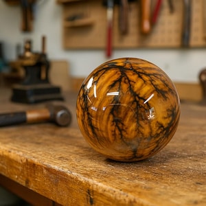 May include: A wooden sphere with a glossy finish, featuring a unique pattern of black, lightning-like lines against a warm, amber-colored background. The sphere is resting on a wooden surface, showcasing the craftsmanship.