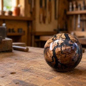 May include: A polished wooden sphere featuring a natural light brown wood grain pattern intersected by dark, branching black resin veins that create a lightning-like effect across the smooth, rounded surface of the decorative object.