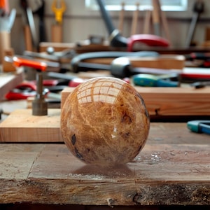 May include: A polished wooden sphere with a natural burl grain pattern, reflecting the workshop's window. The sphere sits on a rough-hewn wooden surface, with tools visible in the background.