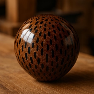 May include: A glossy, spherical decorative object with a brown base color and a pattern of black, oval-shaped spots. The surface reflects light, and the object is set on a wooden surface.