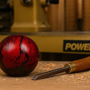 Puede incluir: Una esfera decorativa de madera roja y negra con un patrón veteado. Un formón con mango de madera y virola de latón descansa sobre una superficie de madera, rodeado de virutas de madera. El fondo presenta una máquina amarilla.