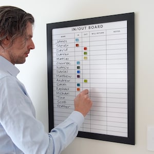 May include: A black-framed IN/OUT board with a white background and a list of names. The board has columns for IN, OUT, Will Return, and Notes. A person is seen placing a colored magnet next to a name on the board.