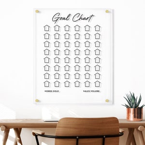 May include: A clear acrylic goal chart with a black handwritten title "Goal Chart". The chart has 42 small house icons arranged in 7 rows of 6 icons each. The chart is labeled "Homes Sold" and "Sales Volume" at the bottom.