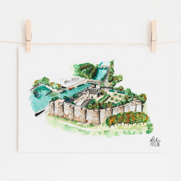 Aquarelle Angers - Château d'Angers affiche - Paysage Angevin tirage