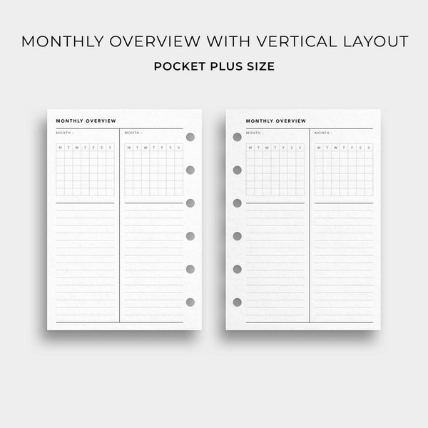 Monthly Overview Vertical Layout , Pocket Plus Size - Printable Monthly Planner, Future Log Tracker, Important Date, Birthday Tracker