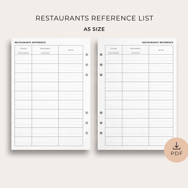Liste de référence des restaurants préférés pour la nuit de rendez-vous et le dîner en famille, format A5 - planificateur imprimable pour le classeur de gestion de la maison