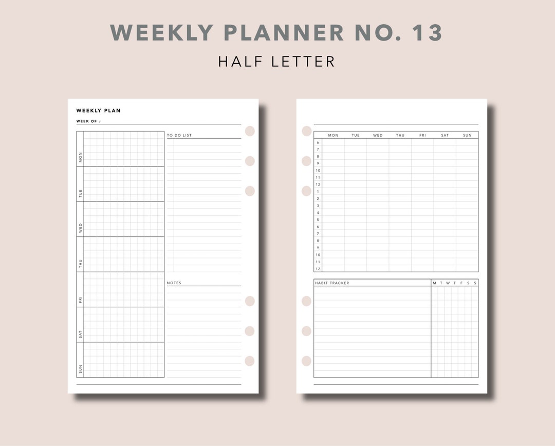 Half Letter Weekly Planner Printable Planner Insert Weekly Etsy