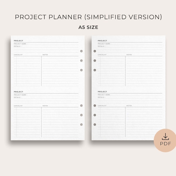 Project Planner Template Simplified Version, A5 Size - Printable Project Planning Template for Home and DIY Projects, Goal Planner