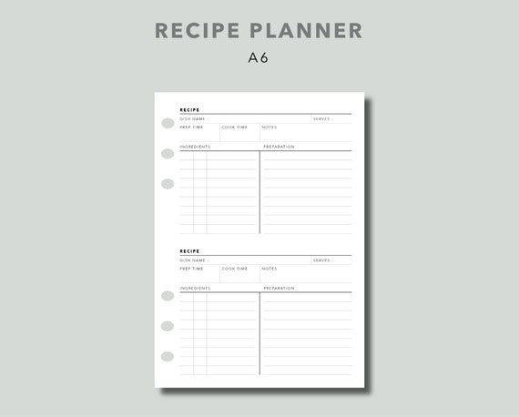 Reference Planner Printable Planner Insert A6 Recipe Planner A6 Size Planner Printable Kitchen ...