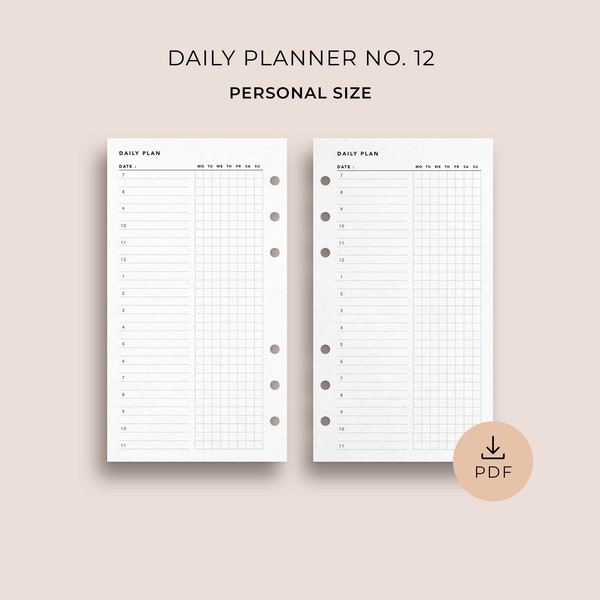 Daily Planner No. 12, Personal Size - Printable Daily Organizer with Hourly Schedule, Undated Day on 1 Page, Minimal Daily Agenda Template