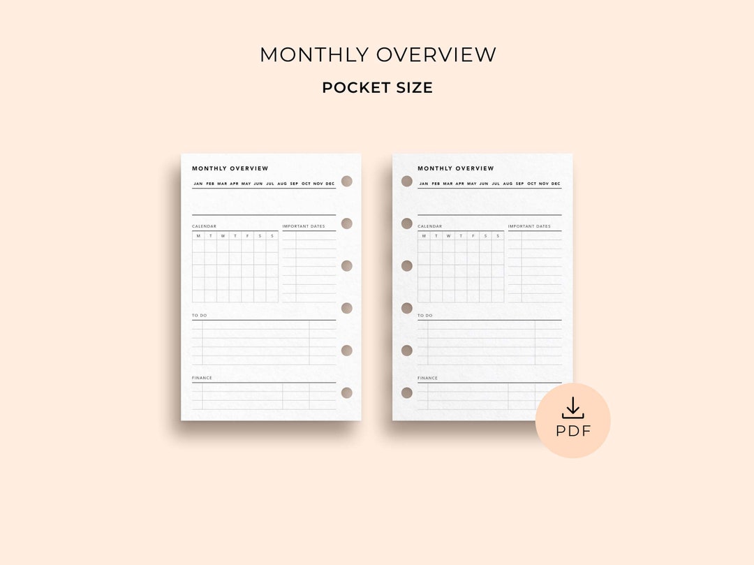 Monthly Overview, Pocket Size Printable Month on 1 Page With Undated ...