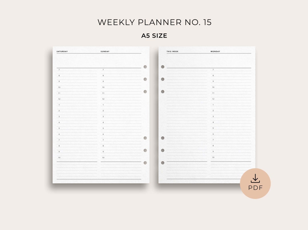 Weekly Planner No. 15, A5 Size Printable Weekly Insert, Week on 4 Pages ...