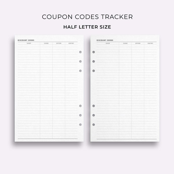 Coupon Code Tracker, Half Letter Größe - Printable Rabatt Code Tracker, Coupon Organizer, Home Organisation Planner Vorlage