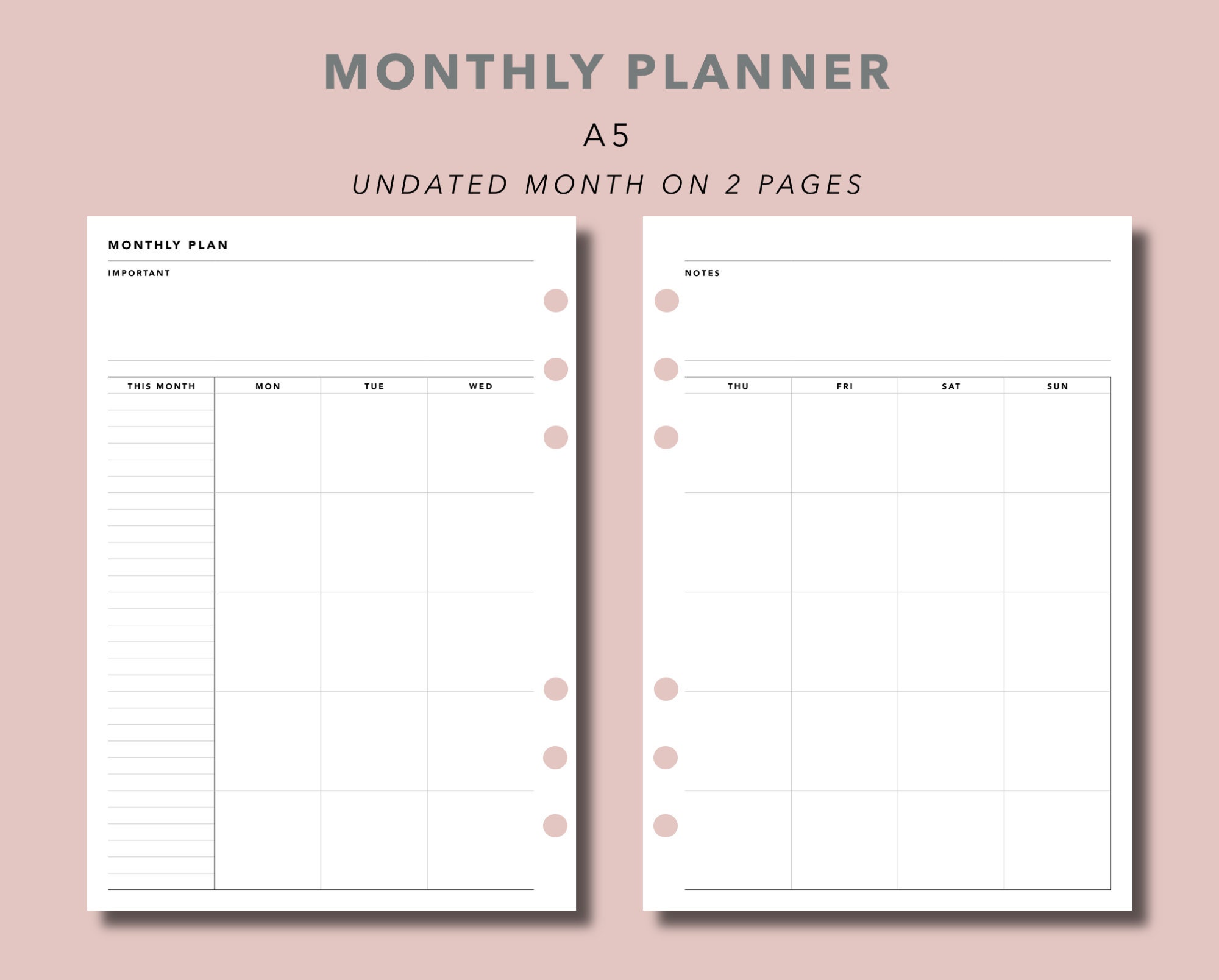 2021 Monthly Planner MO2P Minimal A5 Printable Planner Inserts Monthly ...