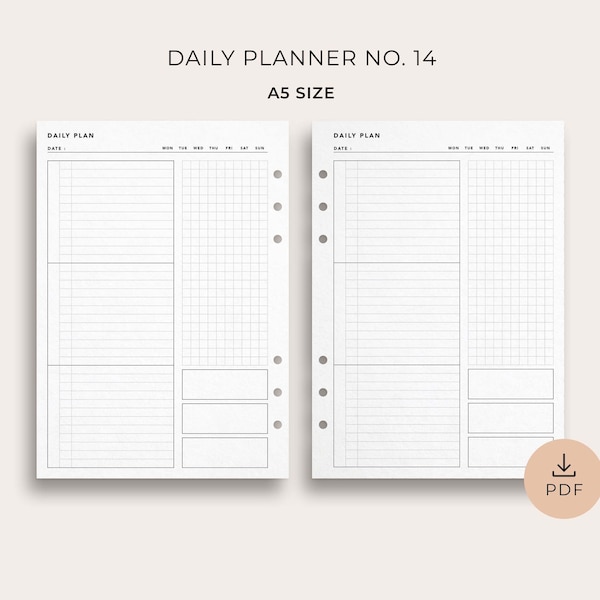 Printable Daily Planner No. 14, A5 Size - Daily Organizer, Day on 1 Page Layout, Daily Agenda for Productivity