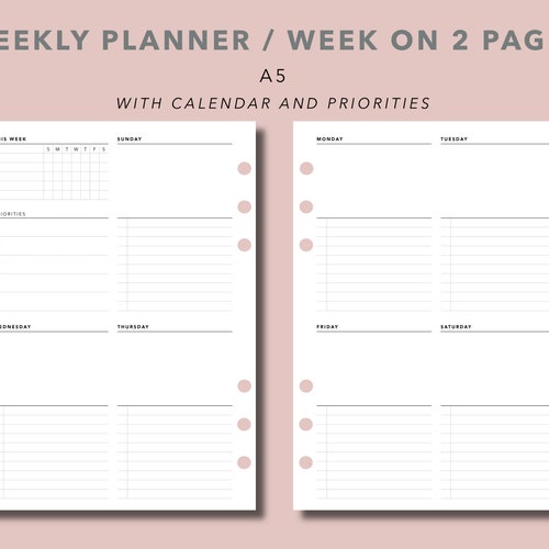 Weekly Planner Calendar A5 Planner Inserts Printable Week on - Etsy