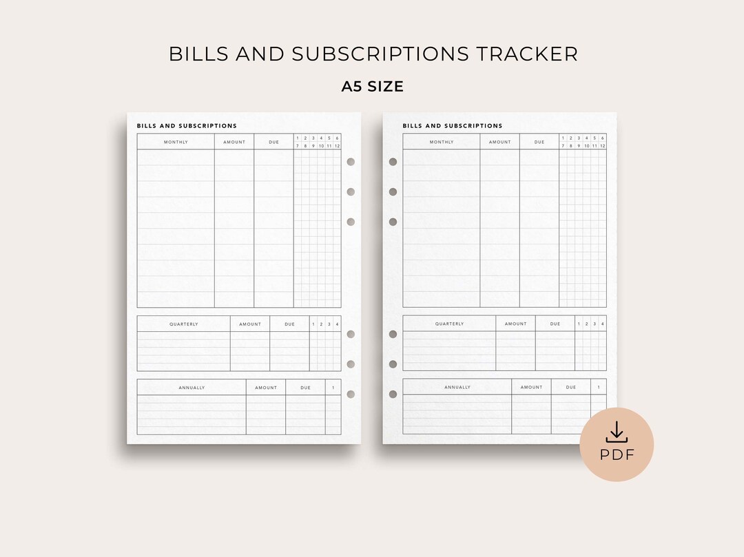 Bill and Subscription Tracker, A5 Size Printable Recurring Bill Payment Tracker, Monthly ...
