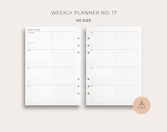 Weekly Planner No. 17, A5 Size - Printable Weekly Agenda, Week on Two Pages, Productivity Planner, Minimal Weekly Planner Template