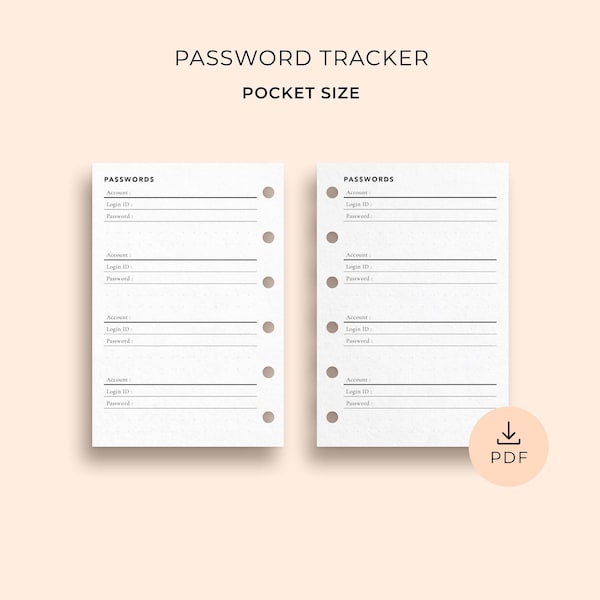 Password Tracker, Pocket Size - Printable Account Login Organizer, Home Organization Planner Template