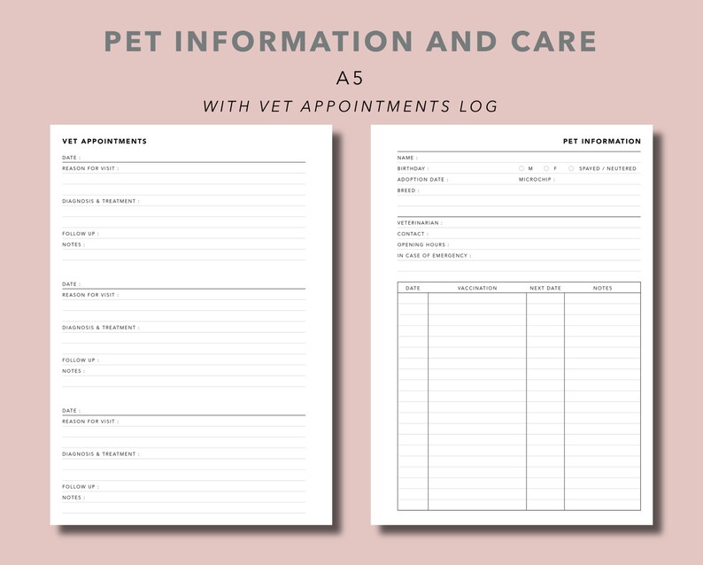 A5 Pet Information Printable with Vet Appointments Log Pet Etsy