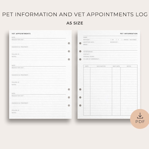 Pet Information and Vet Appointments Log, A5 Size - Pet Care Planner Printable, Pet Vaccination Log and Health Records, Pet Care Tracker