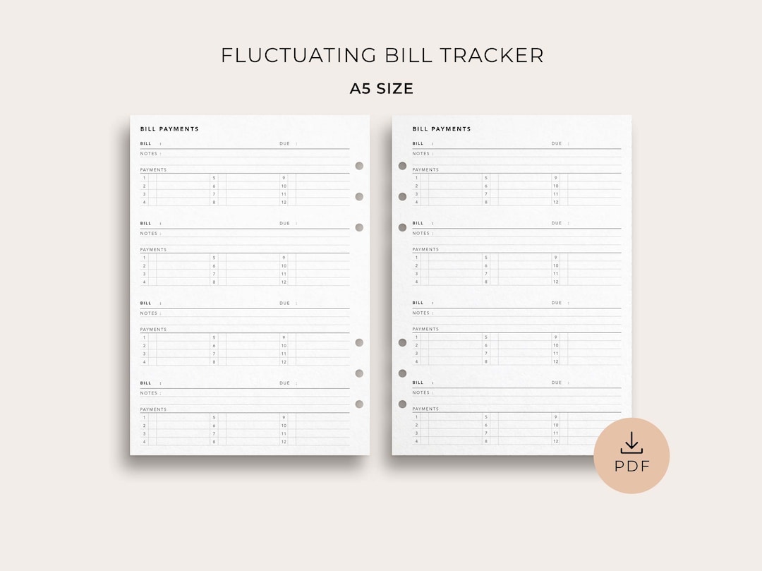 Fluctuating Bill Tracker, A5 Size Printable Monthly Bill Tracker, Finance Planner, Recurring ...