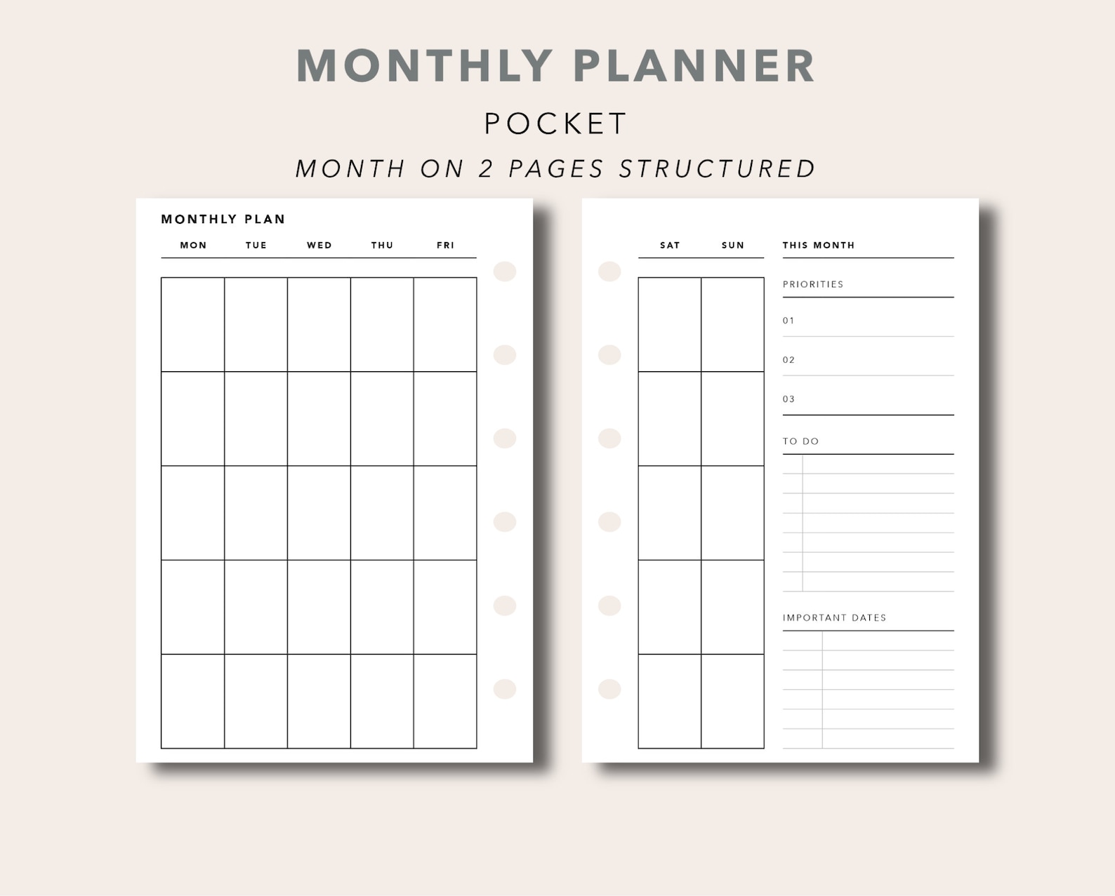Pocket Monthly Planner Printable With Undated Calendar Month Etsy