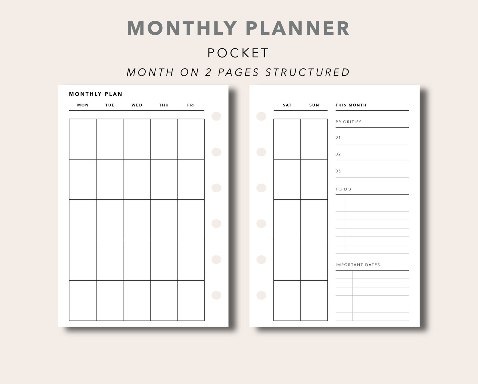 Pocket Monthly Planner Printable With Undated Calendar Month Etsy